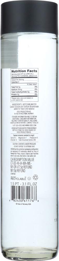 Voss Artesian Sparkling Water, 800 mL Bottles, 36-Pack
