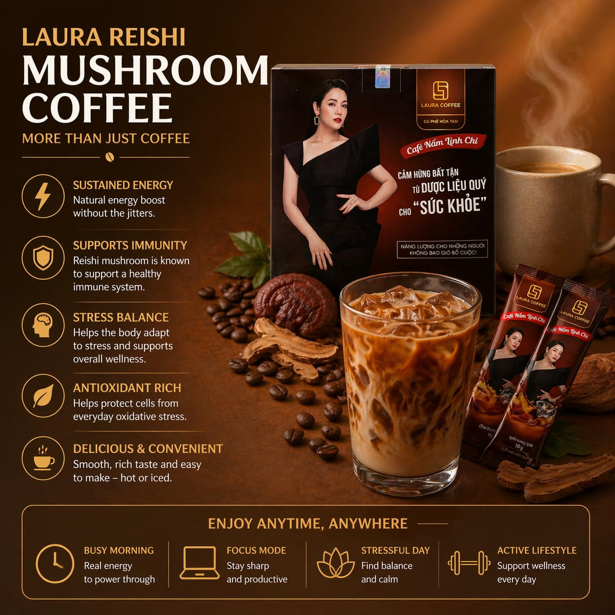 Laura Ganoderma Reishi 3-in-1 Instant Coffee Mix, 10 Sachets