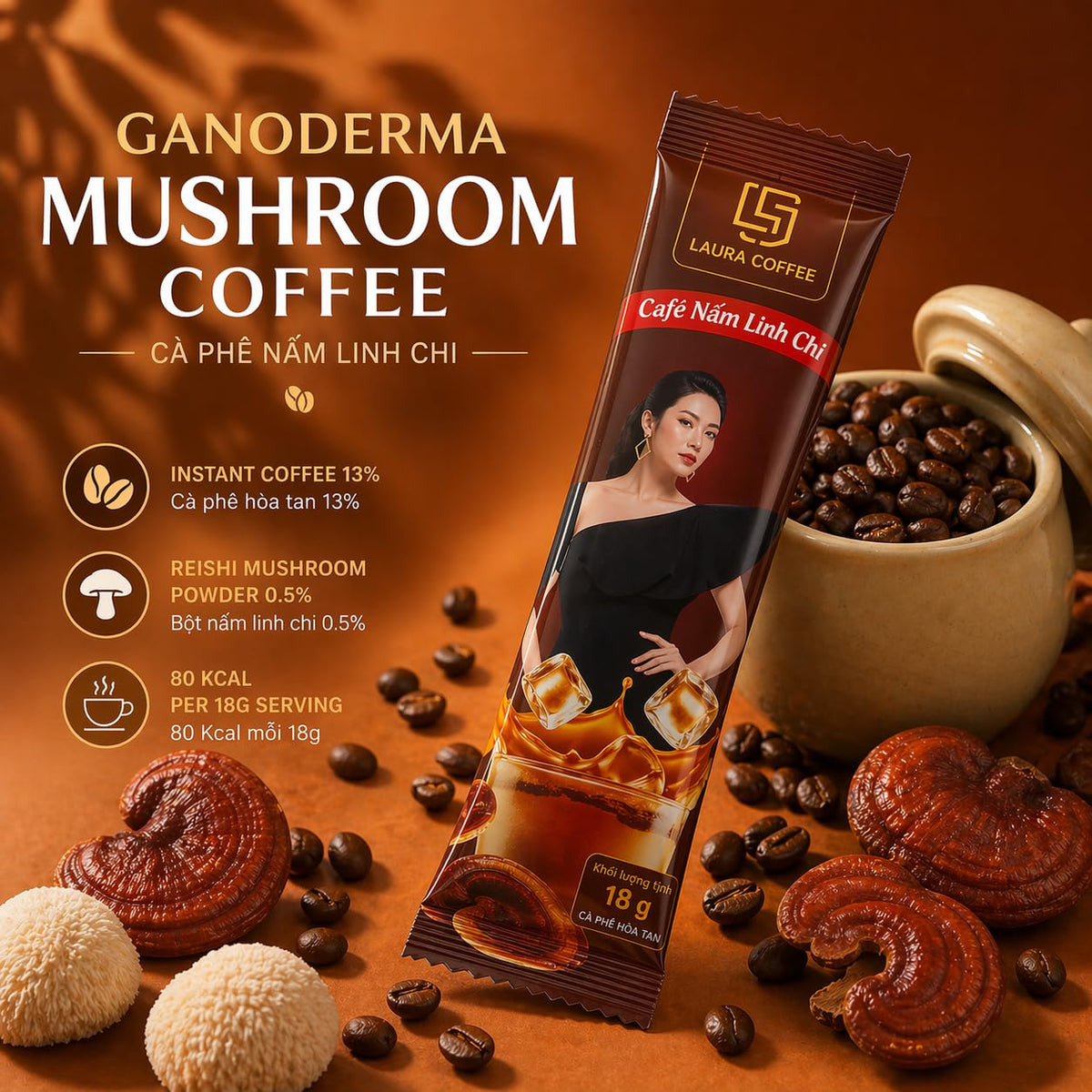 Laura Ganoderma Reishi 3-in-1 Instant Coffee Mix, 10 Sachets