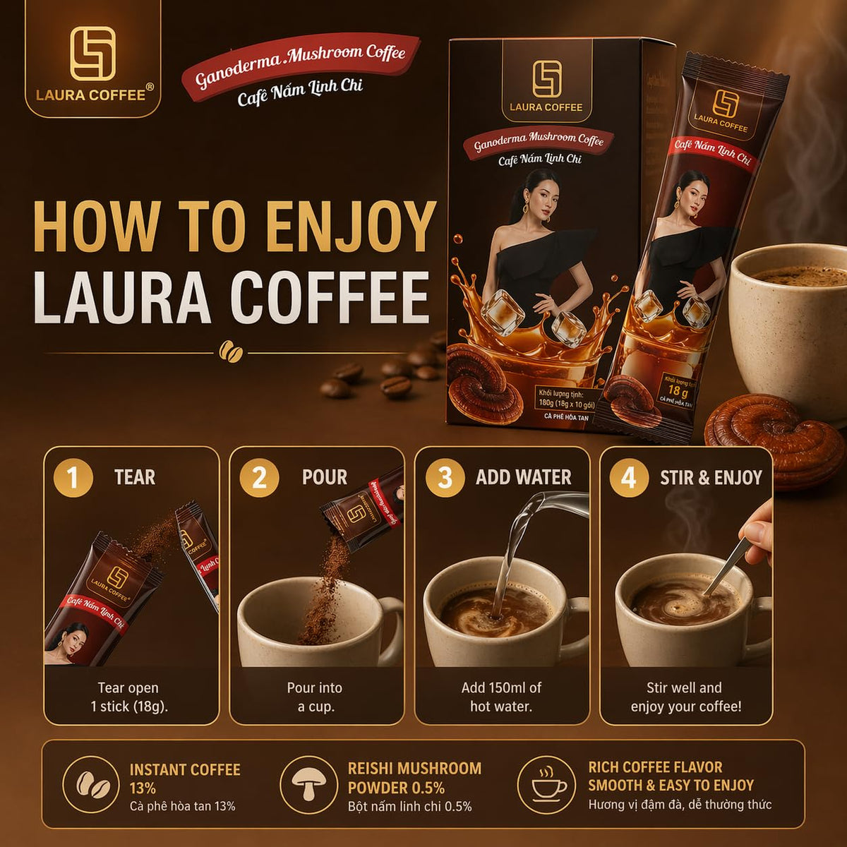 Laura Ganoderma Reishi 3-in-1 Instant Coffee Mix, 10 Sachets