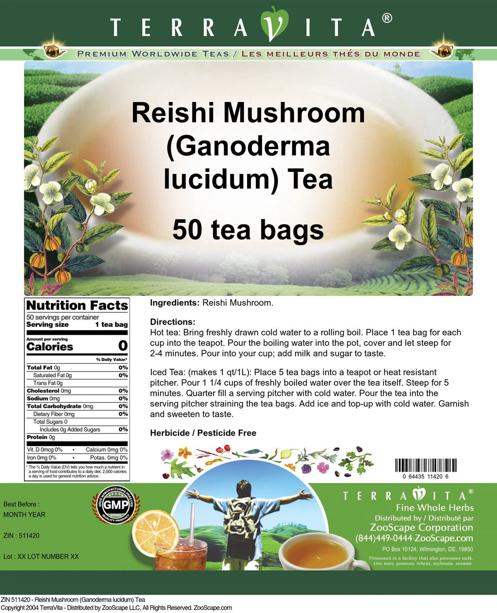 Reishi Mushroom Herbal Tea with Ganoderma, 50 Tea Bags