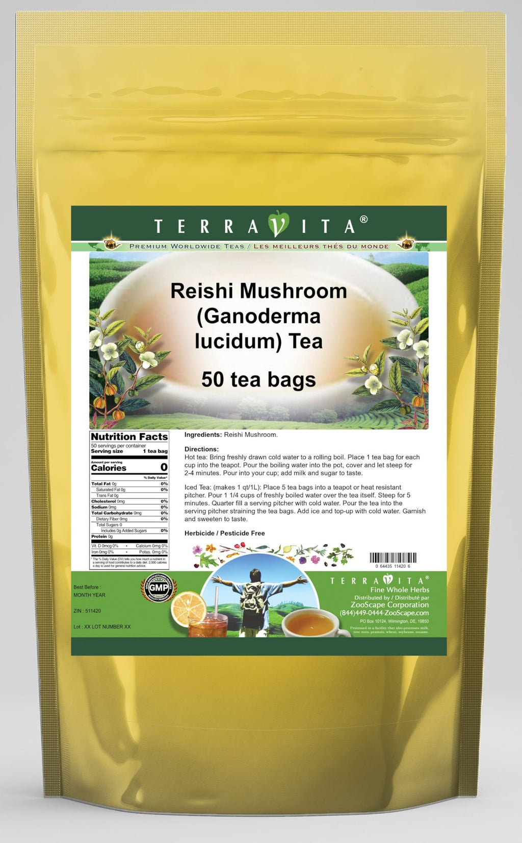 Reishi Mushroom Herbal Tea with Ganoderma, 50 Tea Bags