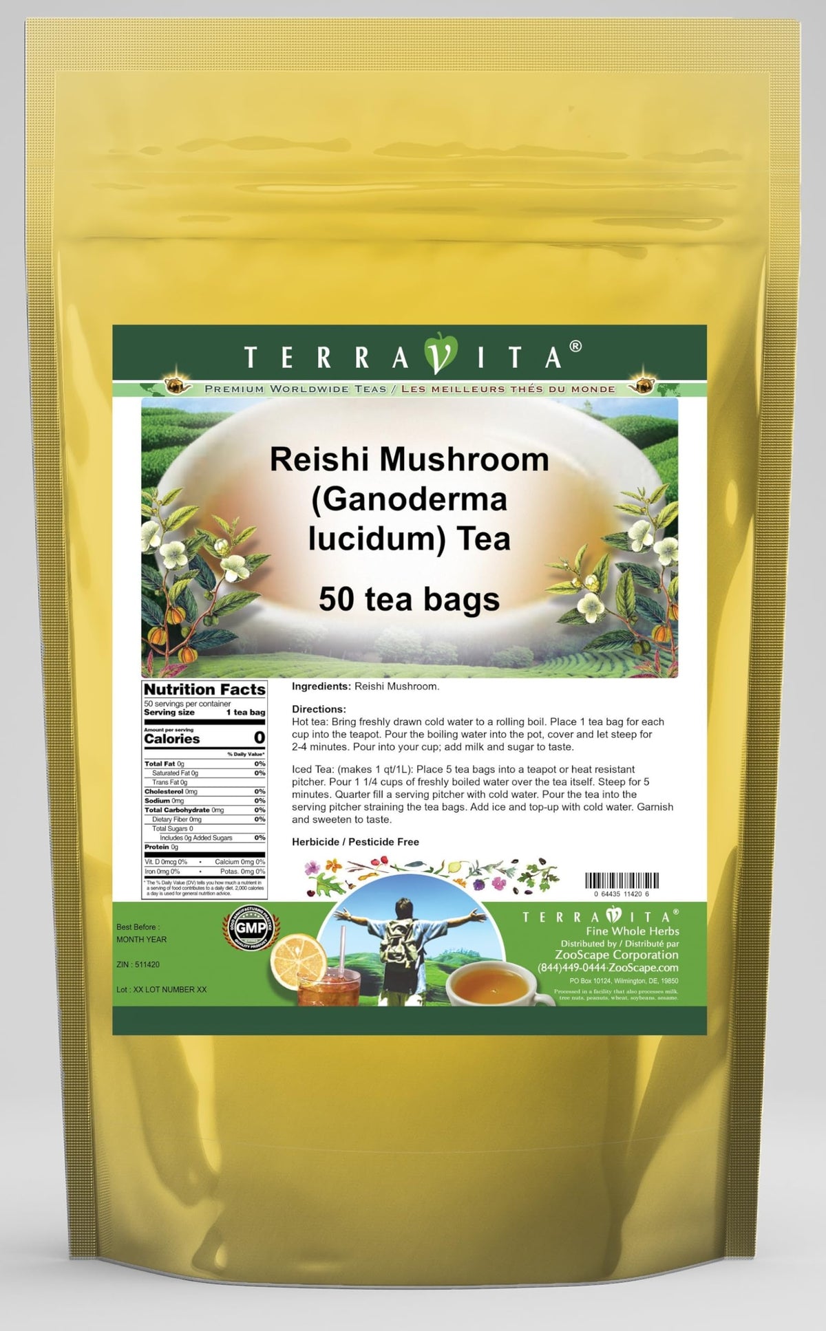 Reishi Mushroom Herbal Tea with Ganoderma, 50 Tea Bags